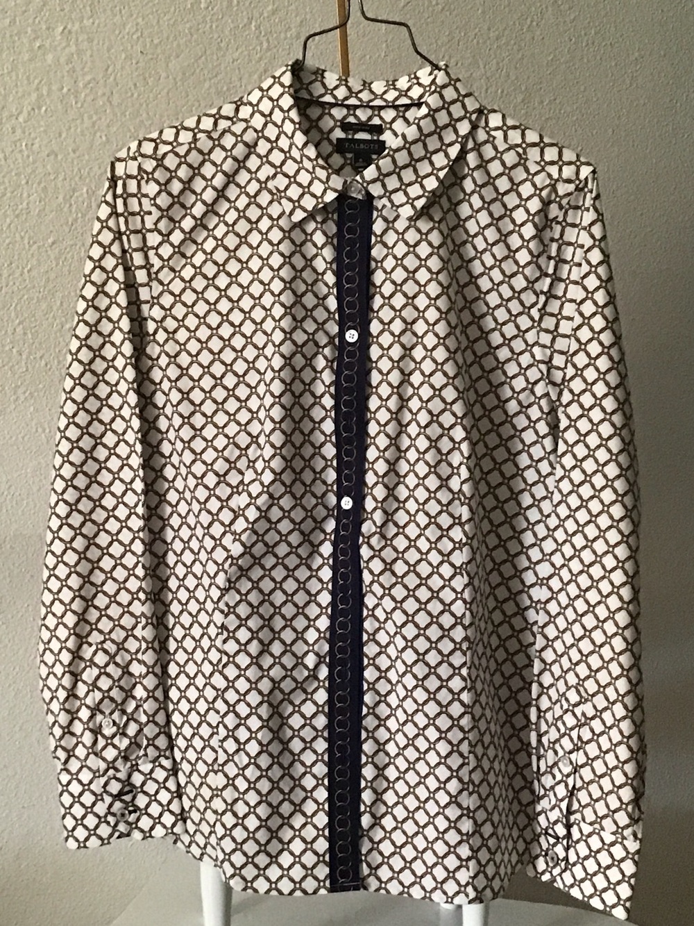Talbots White Button-Down Shirt with Brown Geometric Print and Navy Trim